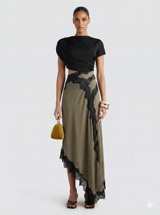 Chic Asymmetrical Top and Lace Maxi Skirt Set