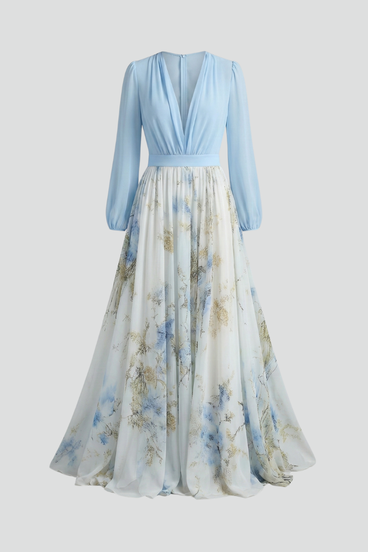 Elegant V-Neck Maxi Dress with Sheer Sleeves for Women