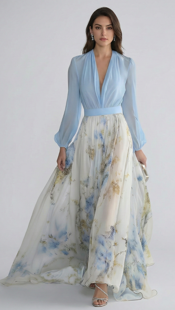 Elegant V-Neck Maxi Dress with Sheer Sleeves for Women