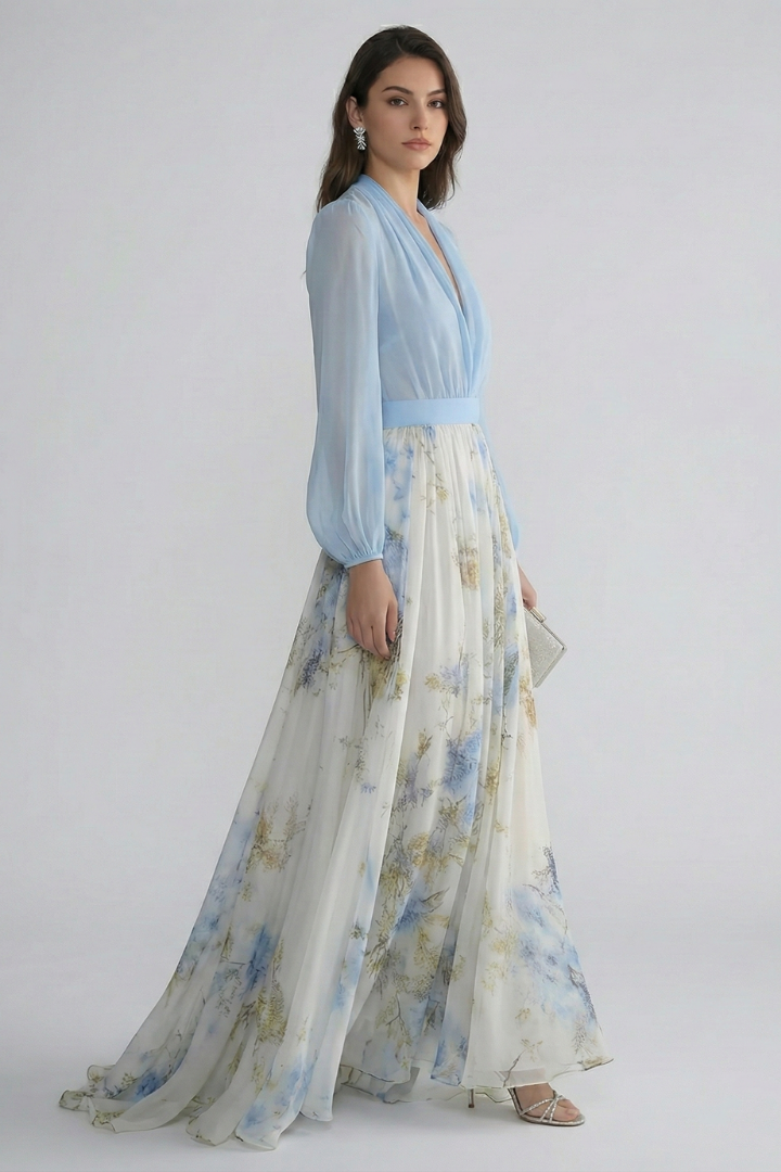Elegant V-Neck Maxi Dress with Sheer Sleeves for Women