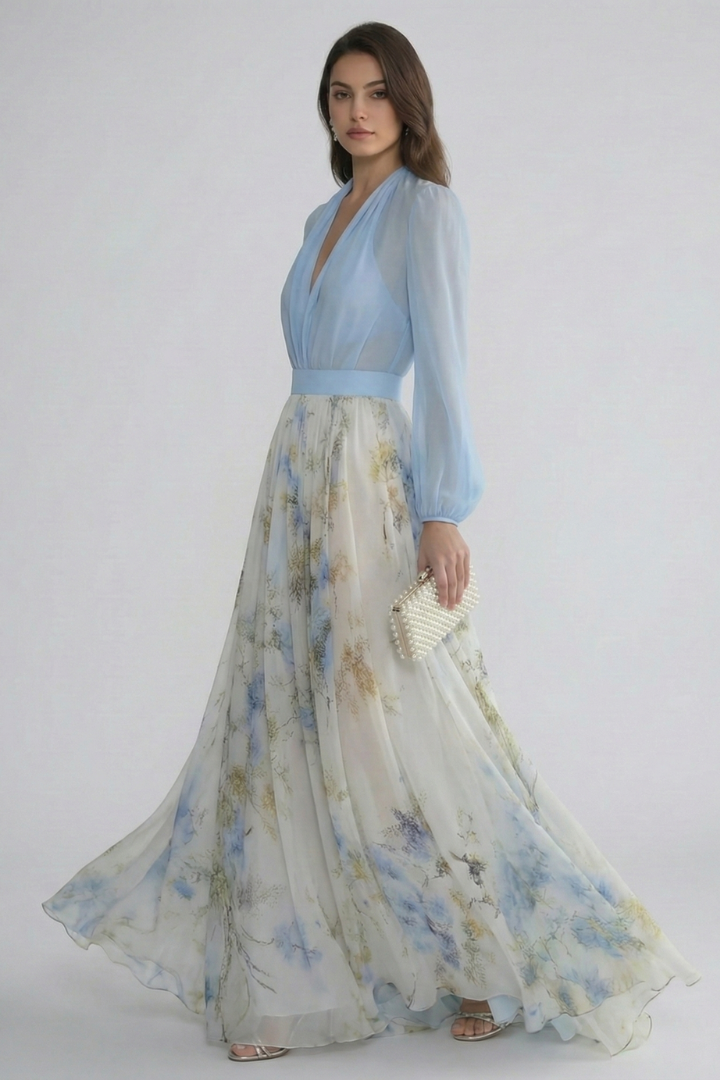 Elegant V-Neck Maxi Dress with Sheer Sleeves for Women