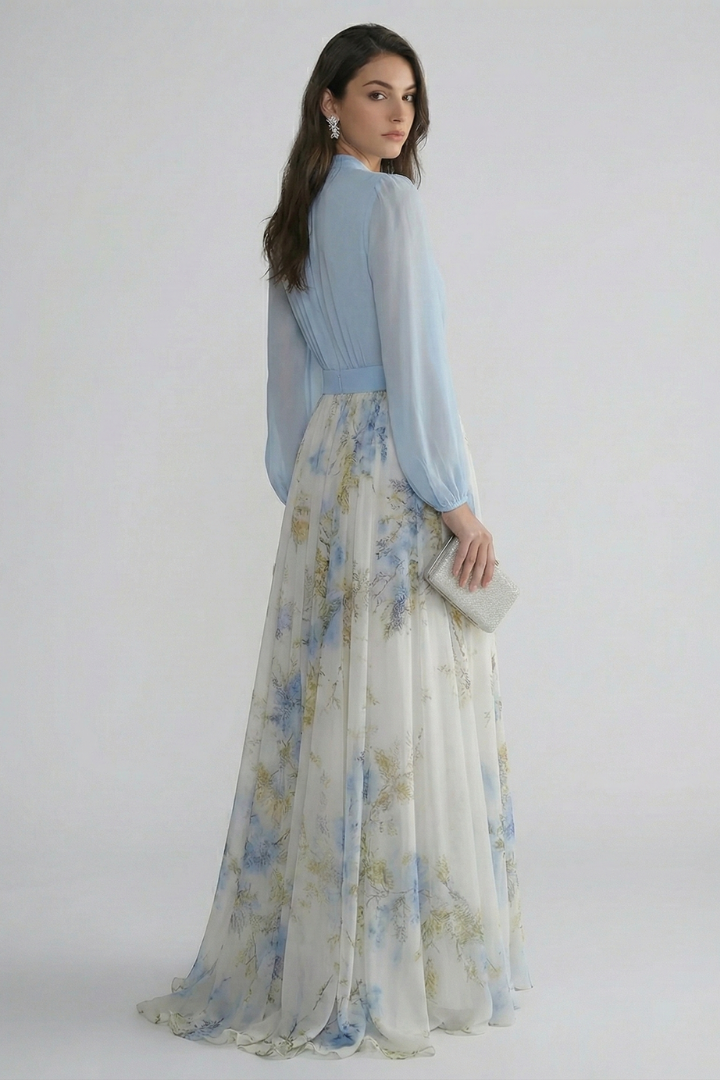 Elegant V-Neck Maxi Dress with Sheer Sleeves for Women
