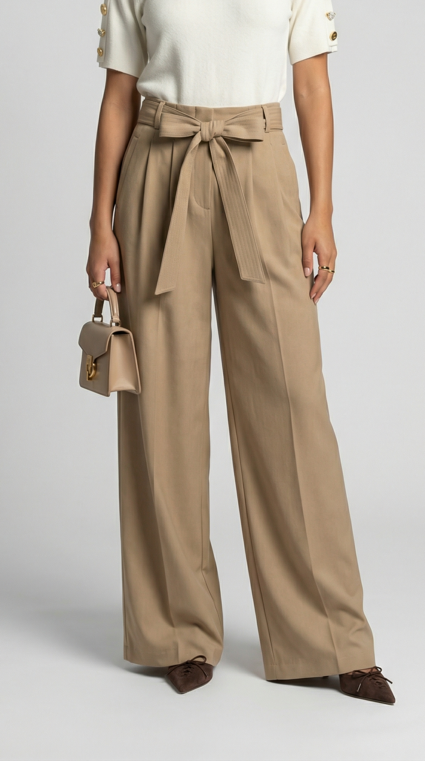 Beige Tie-Strap Pleated Wide-Leg Trousers