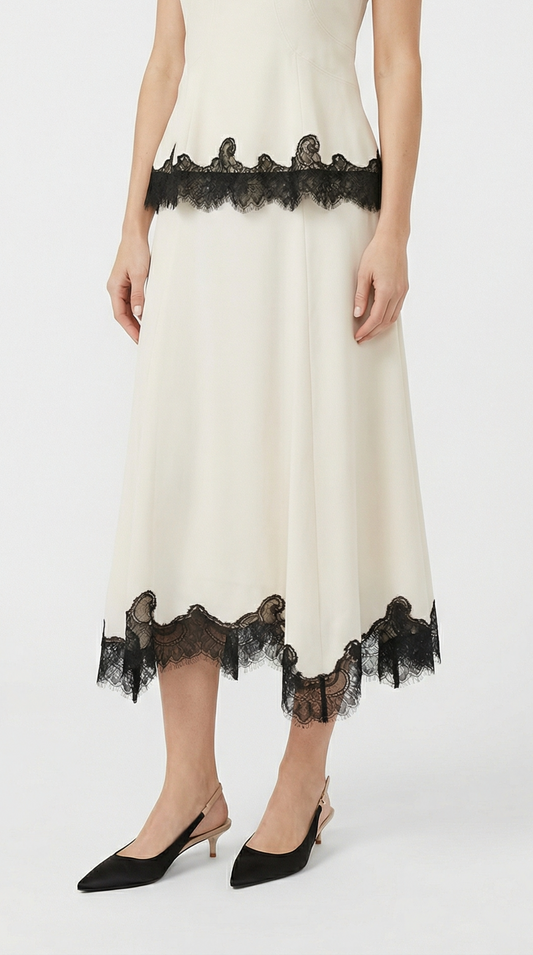 Silk Long Skirt with Lace Embroidery