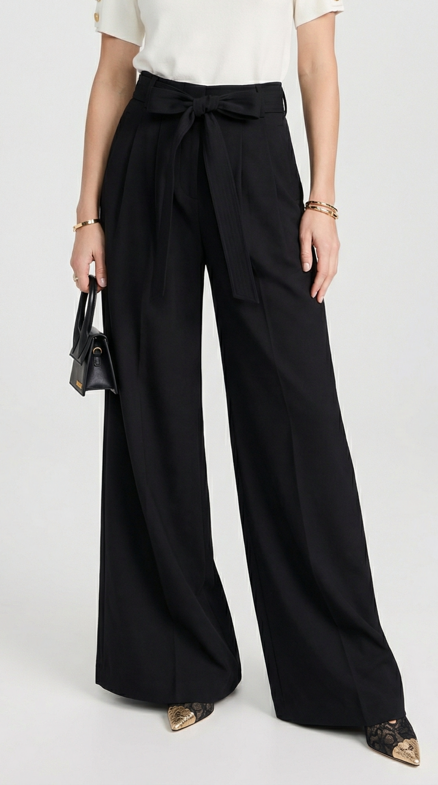 Pleated Wide-Leg Trousers with Tie-Straps - Black