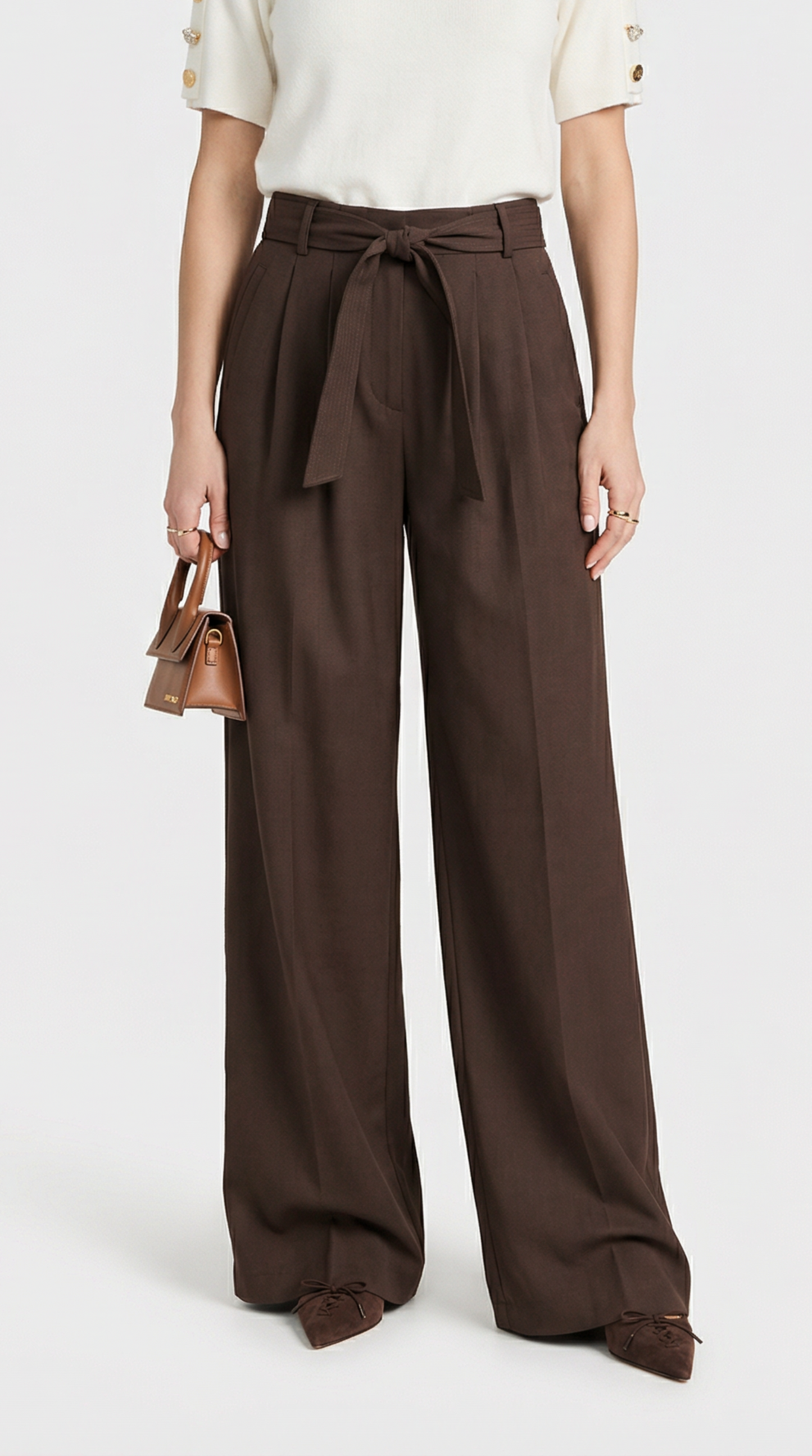 Brown Tie-Strap Pleated Wide-Leg Trousers