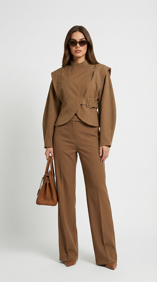 Sculpted Asymmetric Wrap Jacket with Stand Collar in Brown