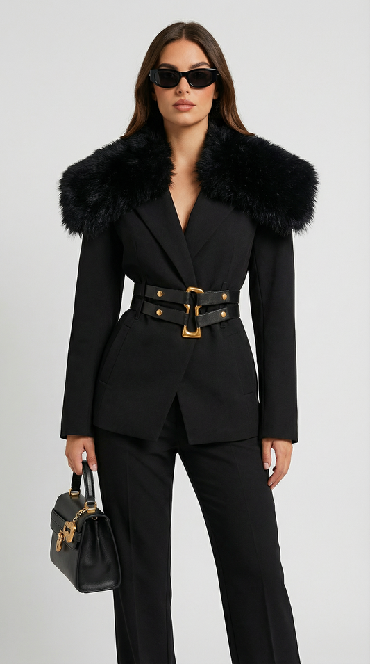 Fur-Collar Tailored Coat with Double-Strap Belt and Gold Hardware