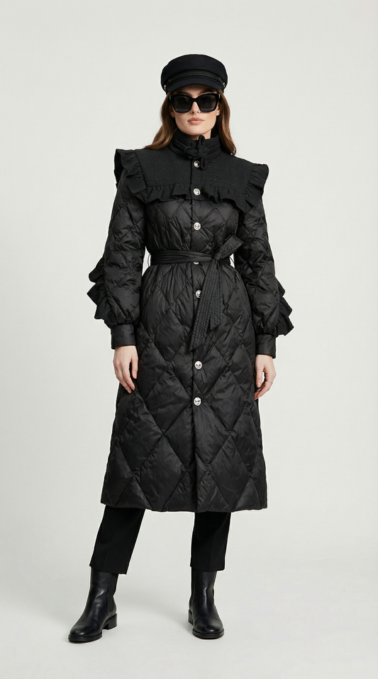 Diamond-Quilted Down Coat with Tweed-Textured Upper Yoke