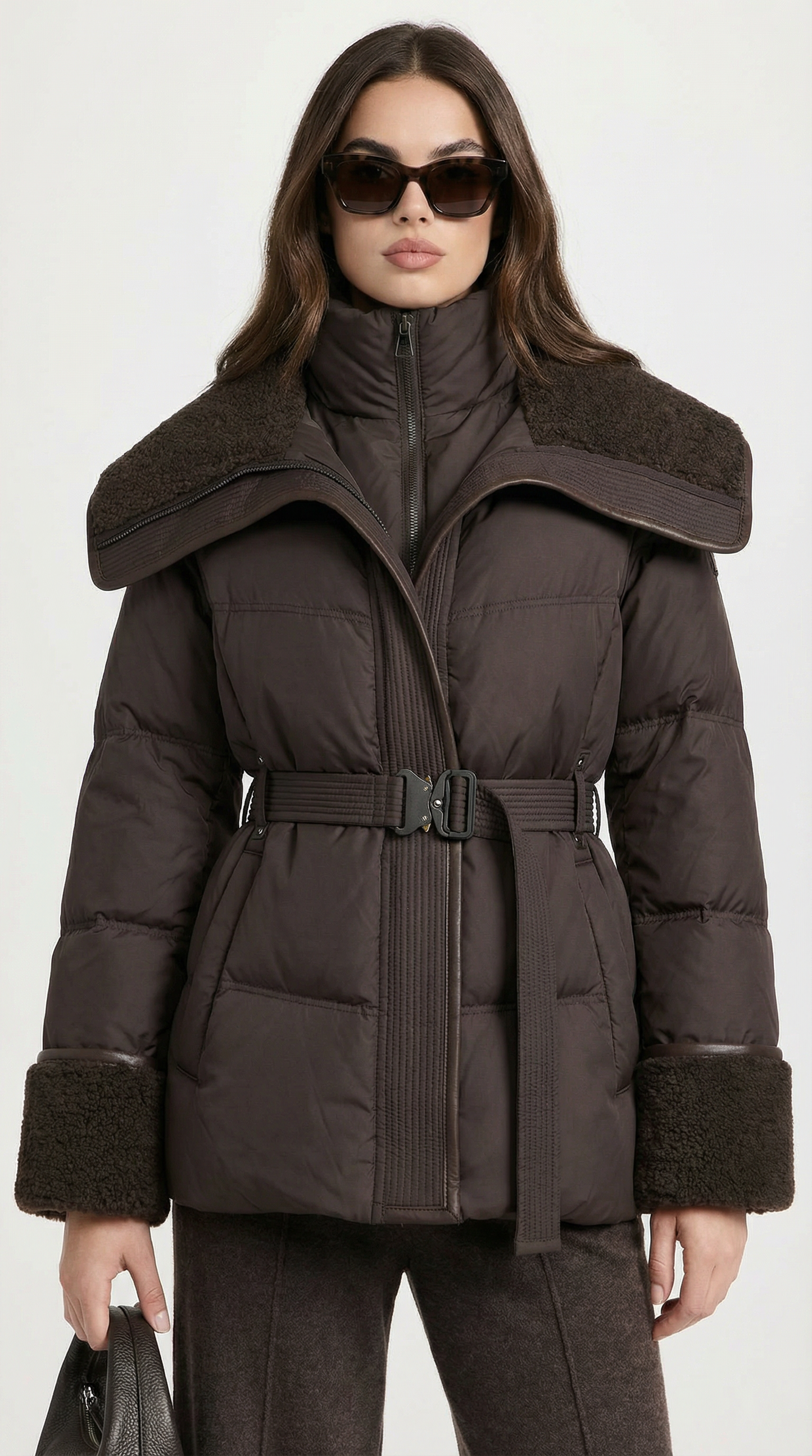 Chic Brown Down Jacket with Oversized Collar