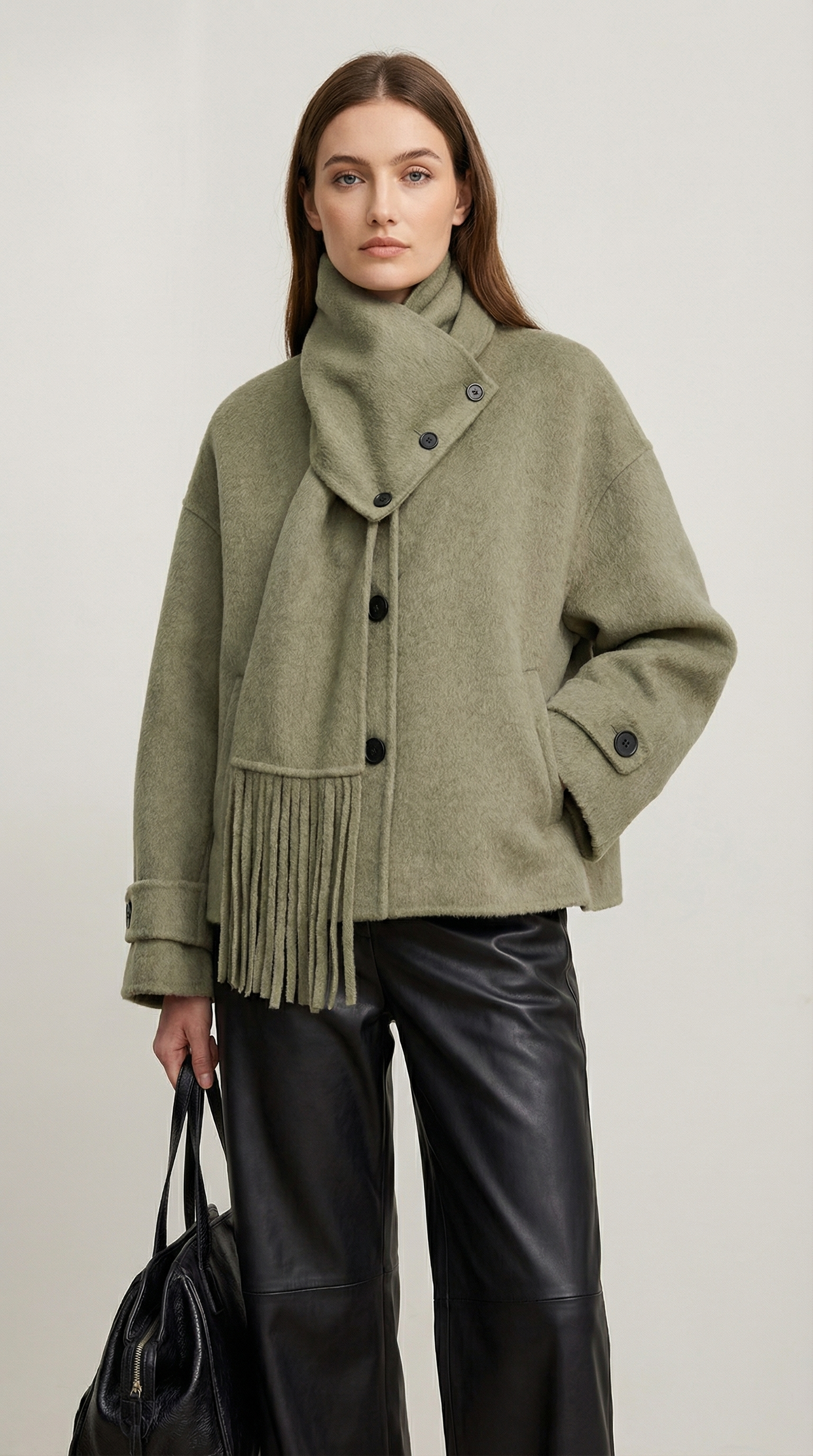 Natural Wool Jacket with Scarf Collar and Sculpted V-Neck