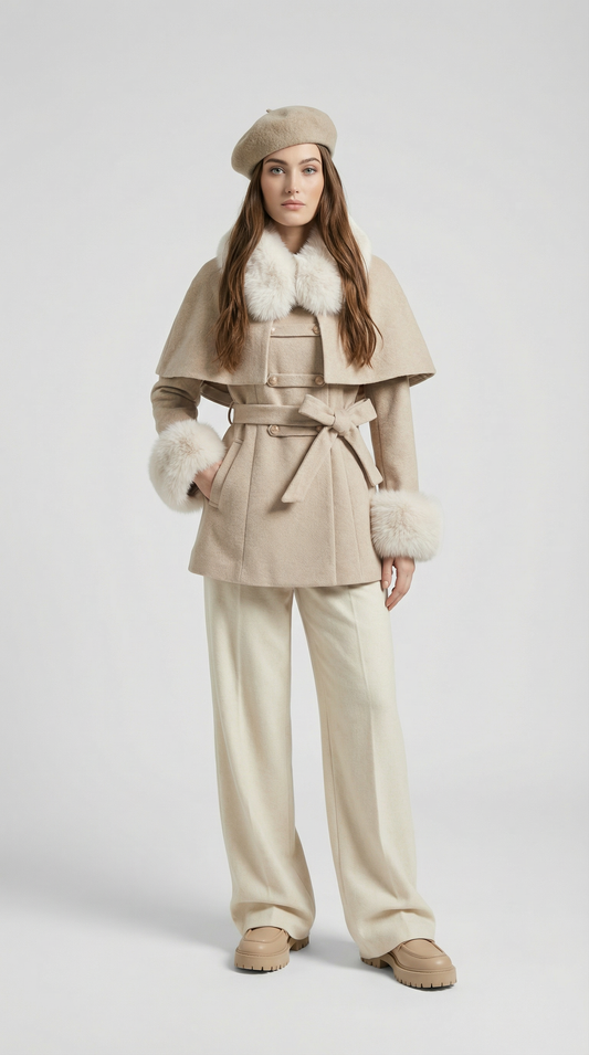 European Classic Wool Coat with Furry Collar and Cuffs