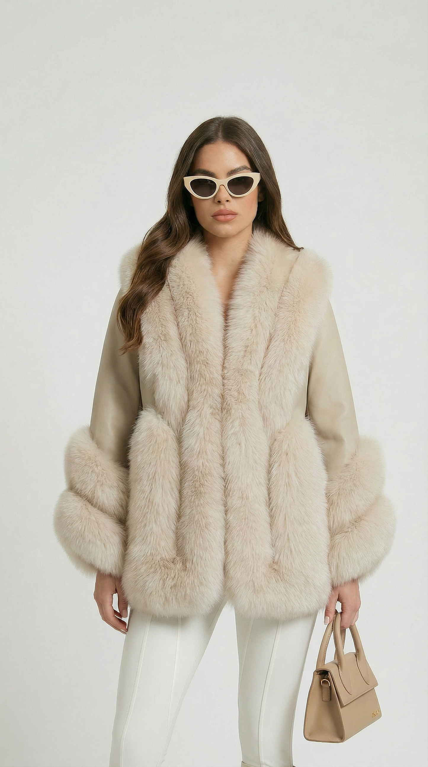 Ivory Fox Fur & Genuine Leather Classic Coat