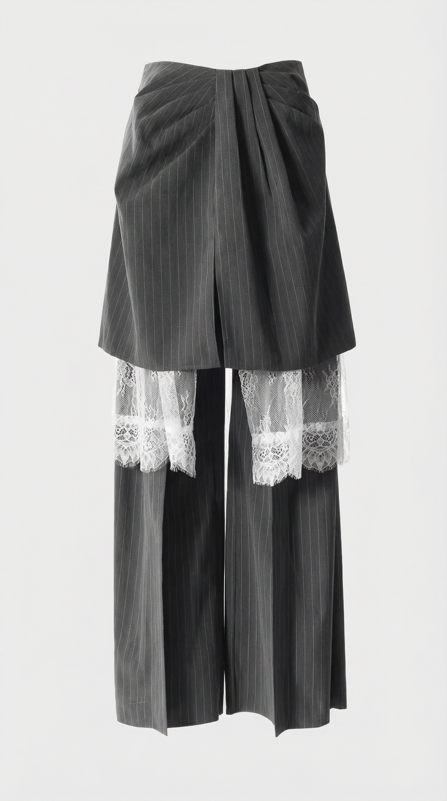 Wide-Leg Striped Trousers with Architectural Overlay Skirt