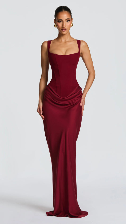 Sculptural Fishbone Draped Maxi Dress in Burgundy