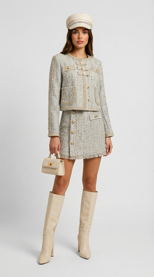 French-Inspired Tweed Skirt and Blazer Set