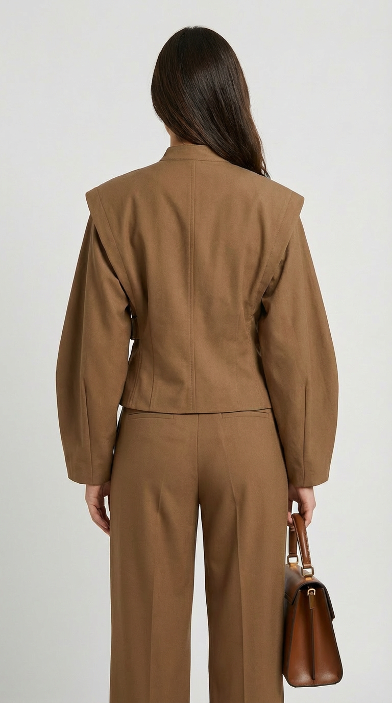 Sculpted Asymmetric Wrap Jacket with Stand Collar in Brown