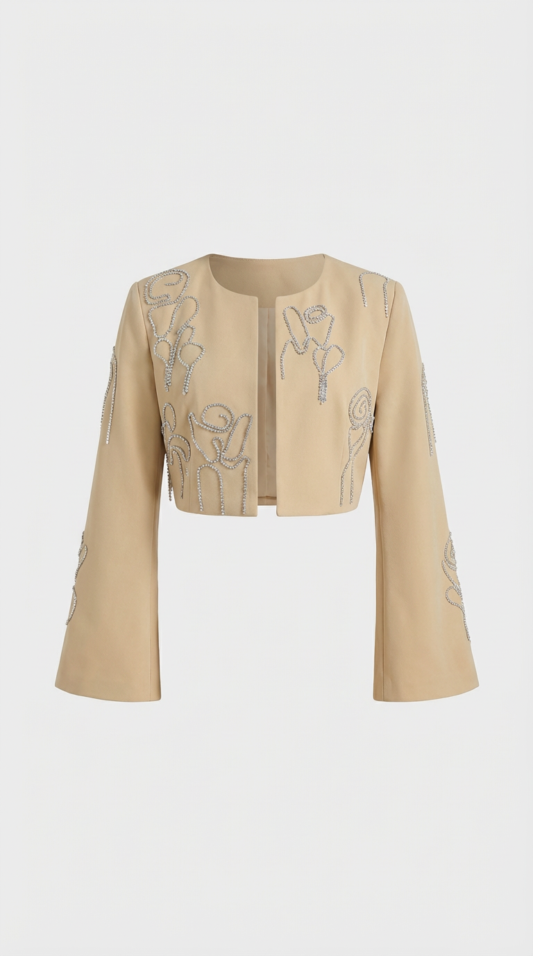 Embroidered Cropped Jacket and High-Waist Trouser Set