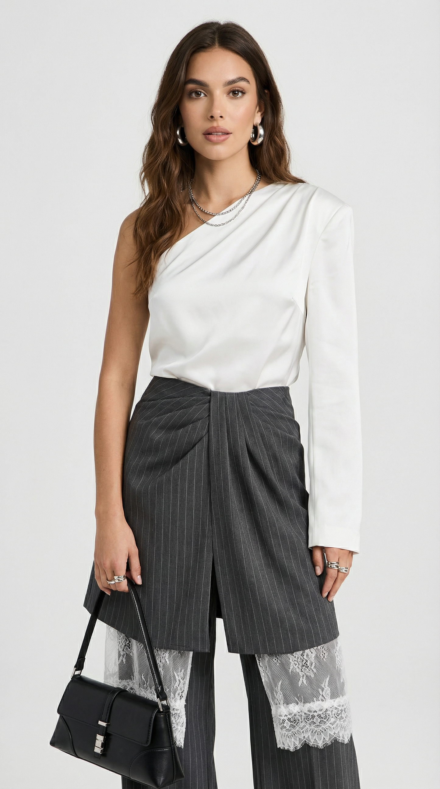 Wide-Leg Striped Trousers with Architectural Overlay Skirt