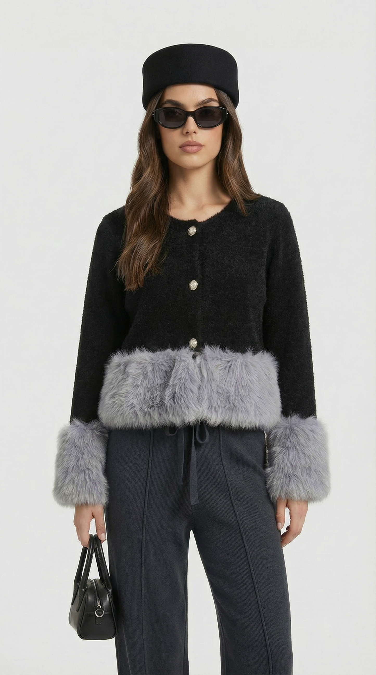 Elegant Furry Sleeve Knitted Cardigan