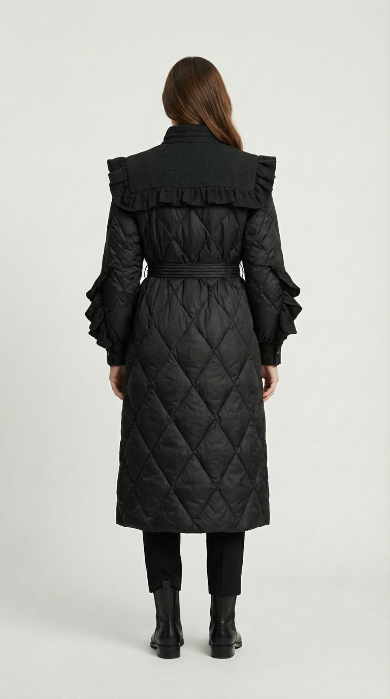 Diamond-Quilted Down Coat with Tweed-Textured Upper Yoke