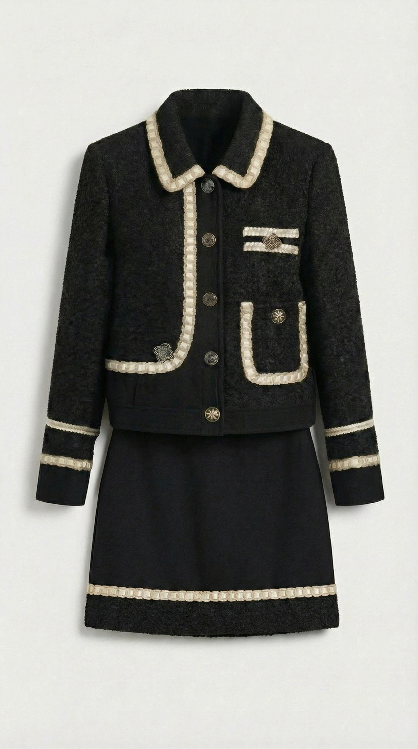 Tweed Black Suit Set with Top and Mini A-Line Skirt