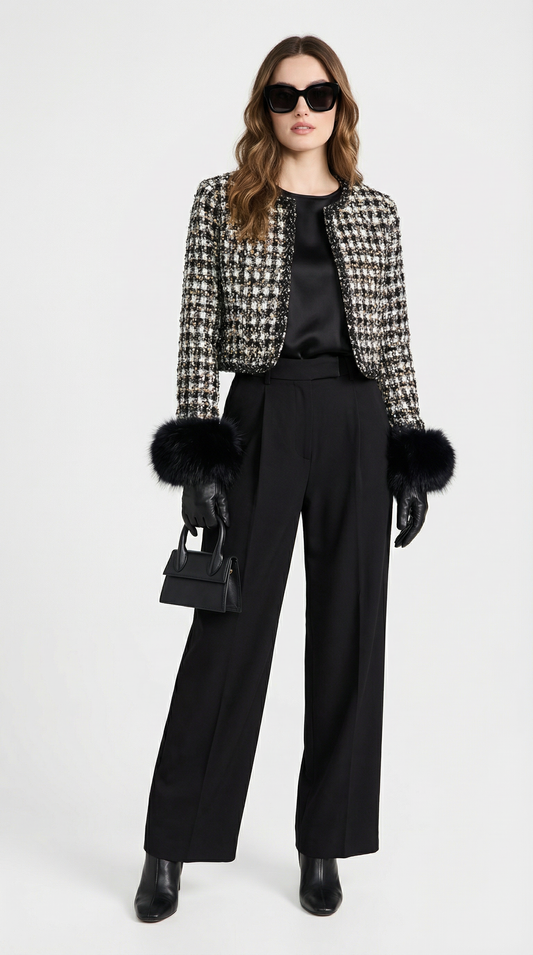 Chic Cotton Padded Blazer with Vegan Fur Cuffs