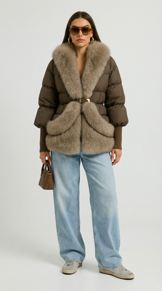 Premium Goose Down Puffer Jacket with Luxurious Natural Fox Fur Collar