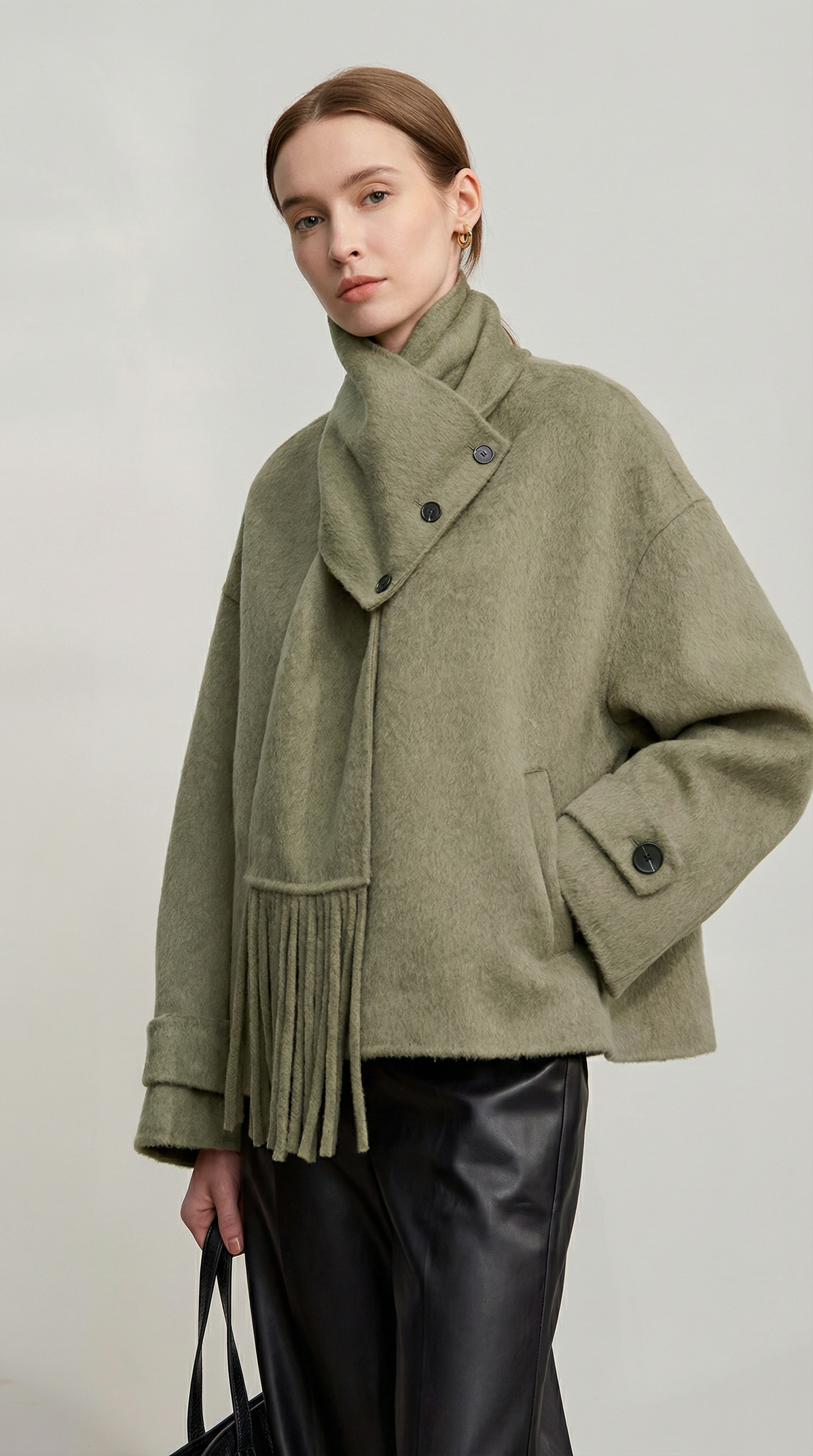 Natural Wool Jacket with Scarf Collar and Sculpted V-Neck