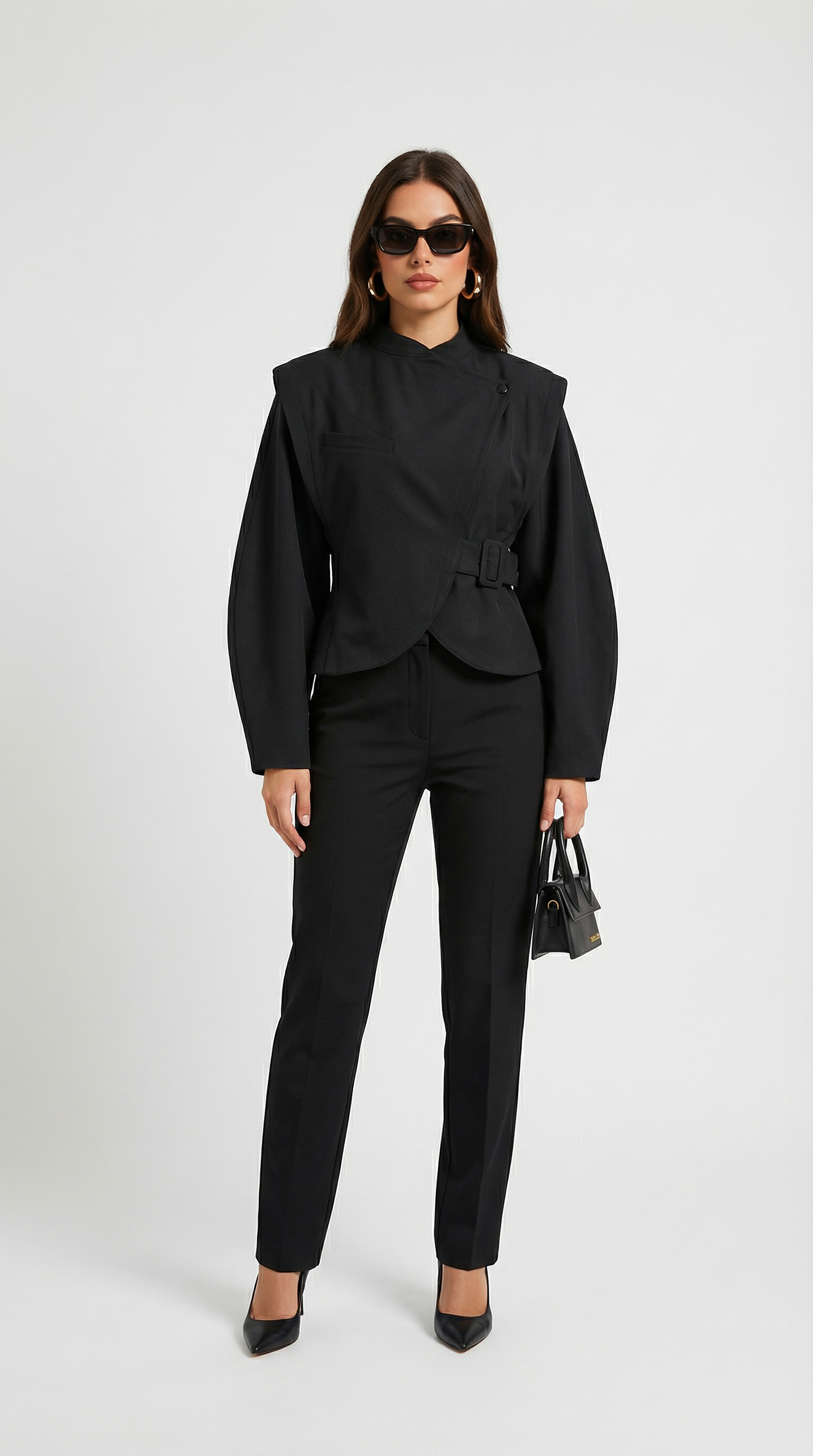 Sculpted Black Wrap Jacket with Stand Collar and Asymmetric Design