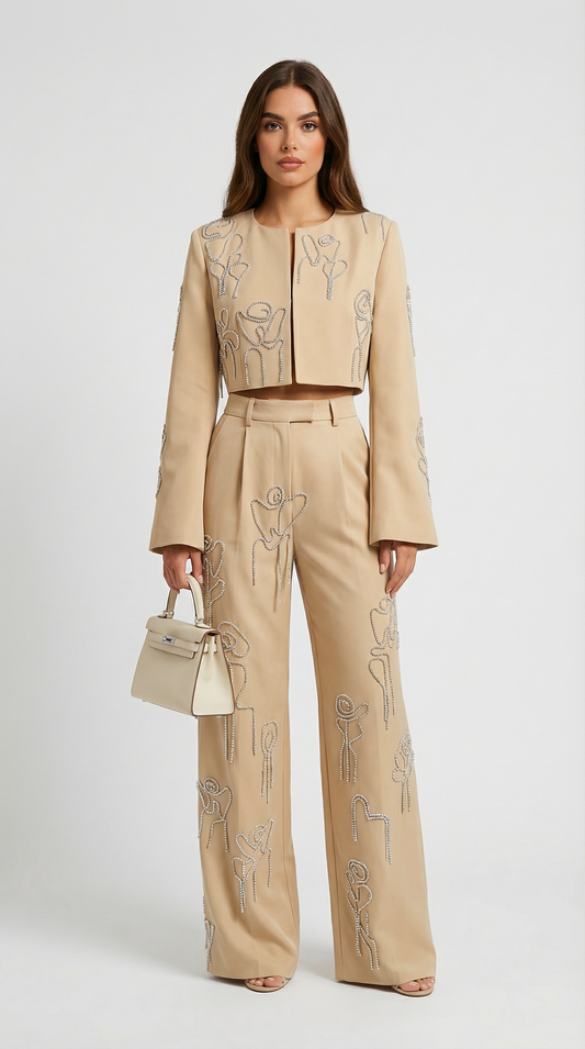 Embroidered Cropped Jacket and High-Waist Trouser Set