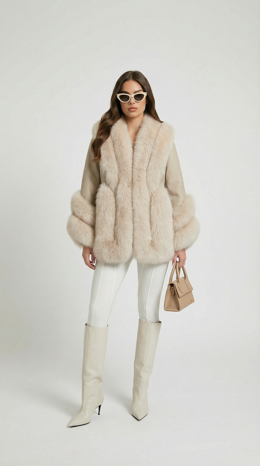 Ivory Fox Fur & Genuine Leather Classic Coat