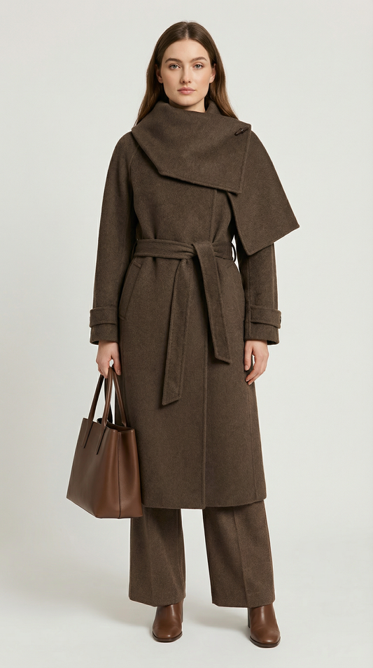Natural Double-Sided Wool Jacket with Soft Brown Scarf