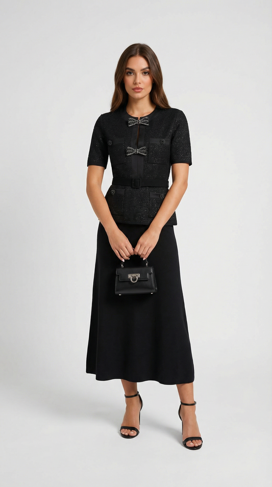 Chic Slimming Knitted Top and Skirt Set with Bow Details