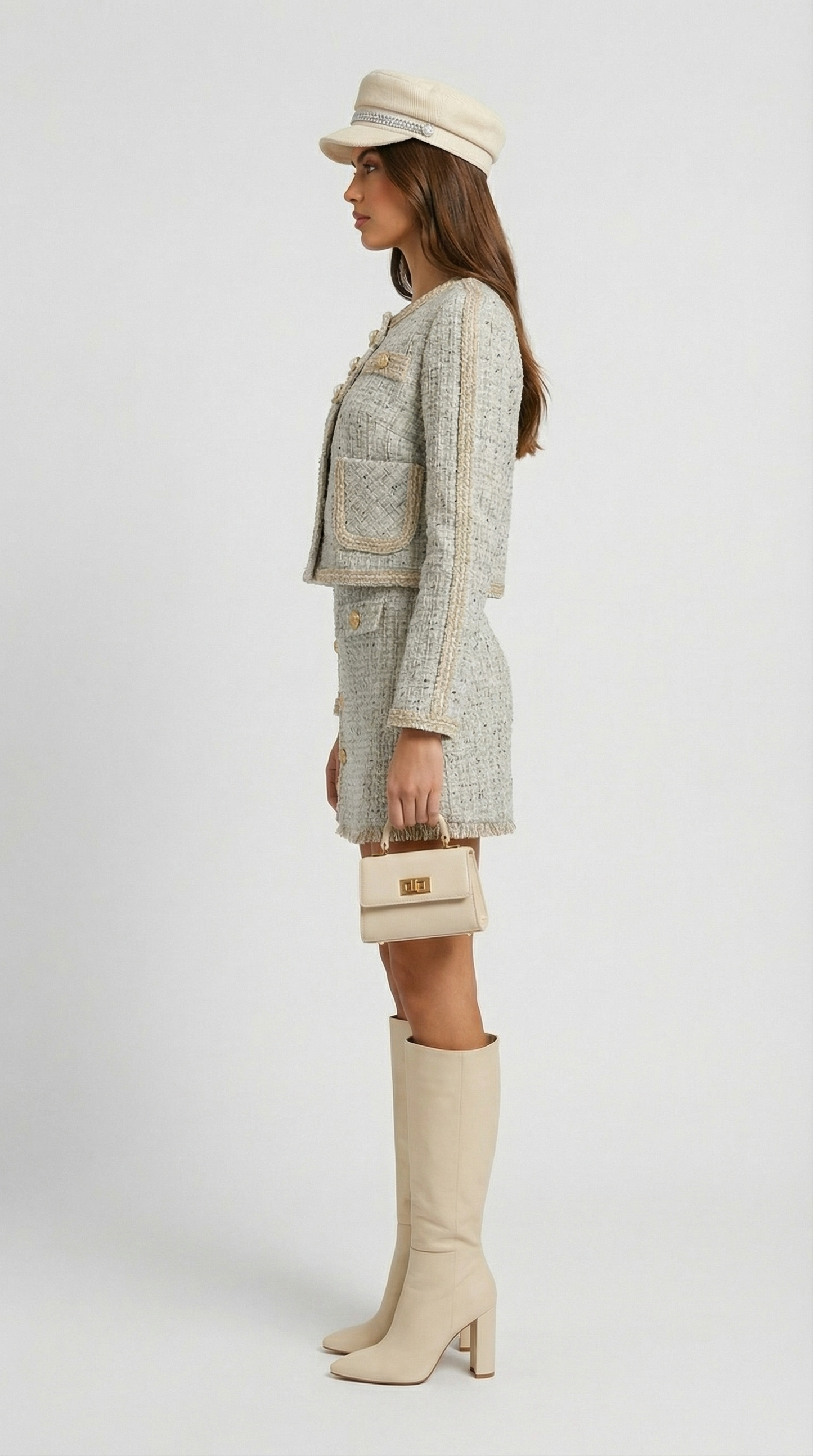 French-Inspired Tweed Skirt and Blazer Set