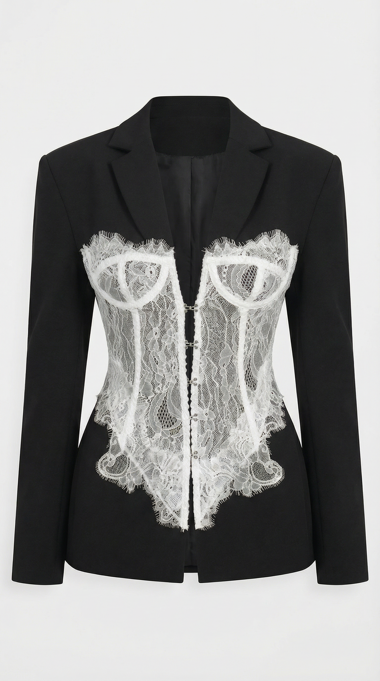 Spliced Lace Slimming Blazer with V Collar and Long Sleeves