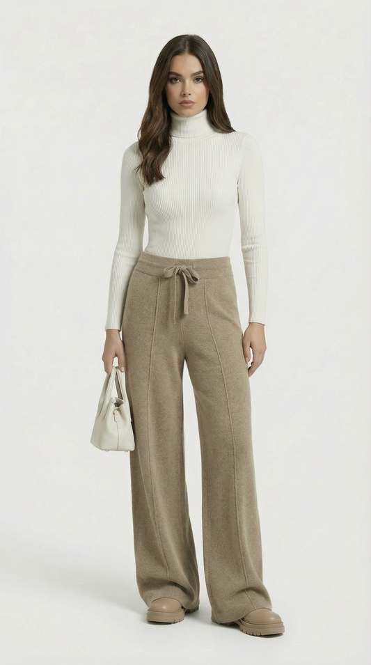 Merino Wool Wide Leg Pants in Beige