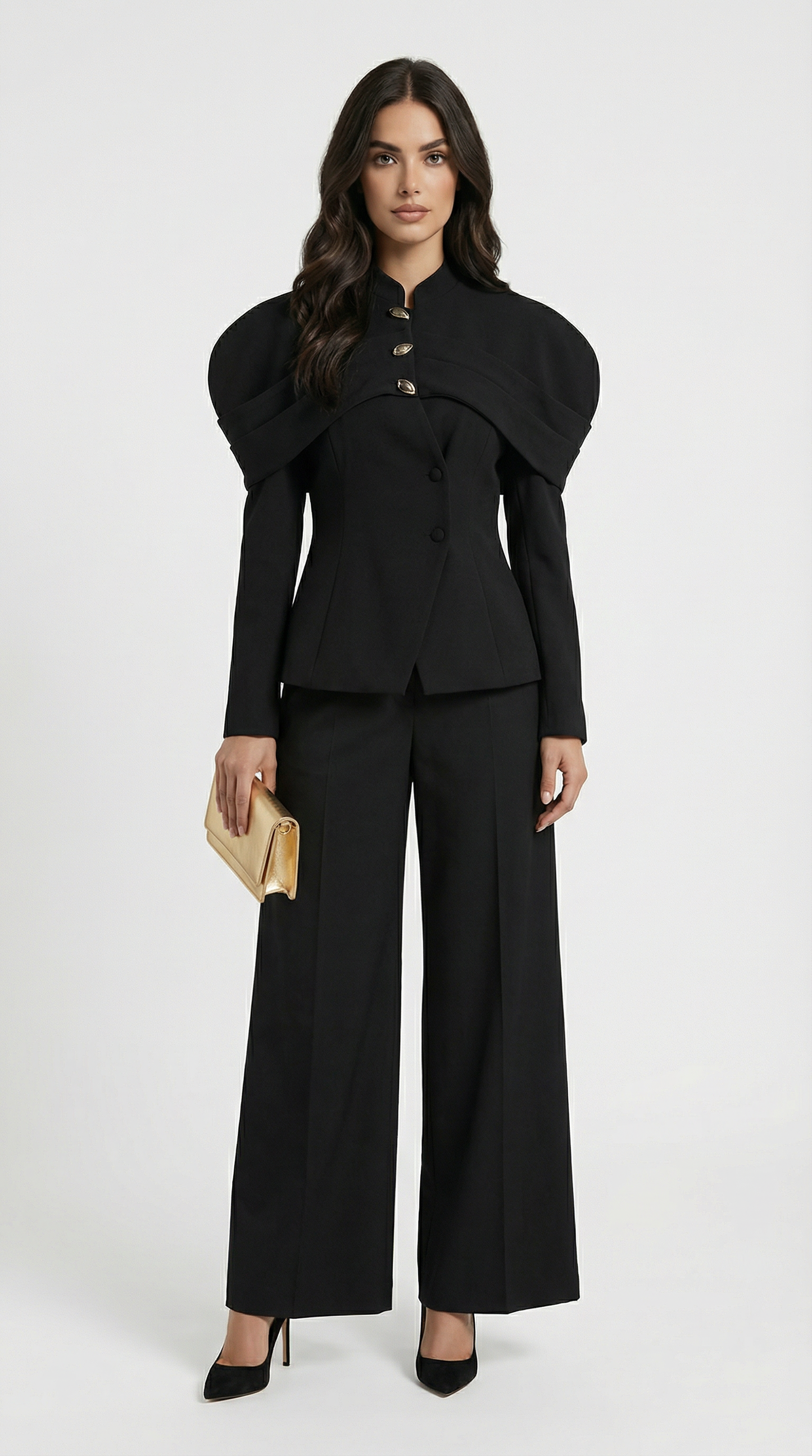 Elegant Gold Button Blazer Jacket in Obsidian