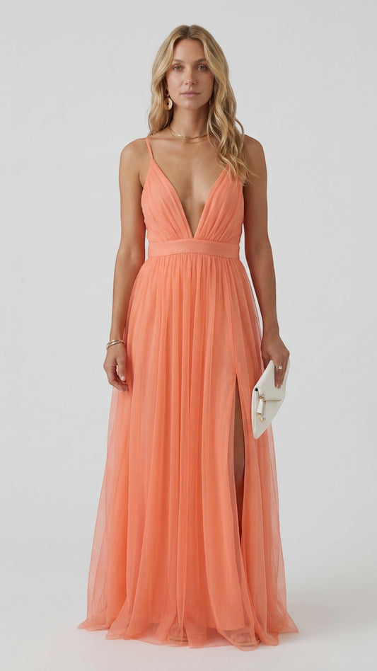 Maxi Dress V-Neck – Fluid Fitted Skirt in Peach