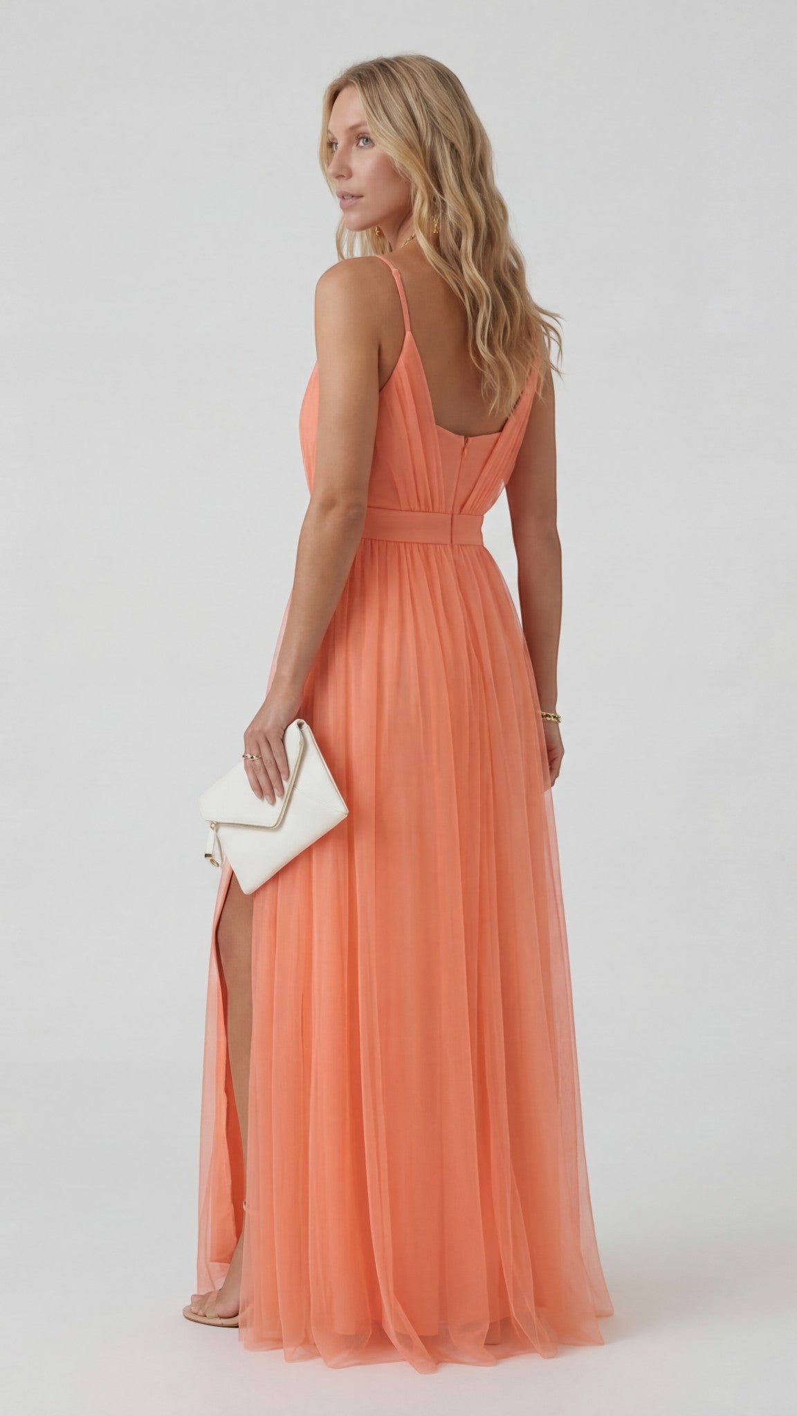 Maxi Dress V-Neck – Fluid Fitted Skirt in Peach