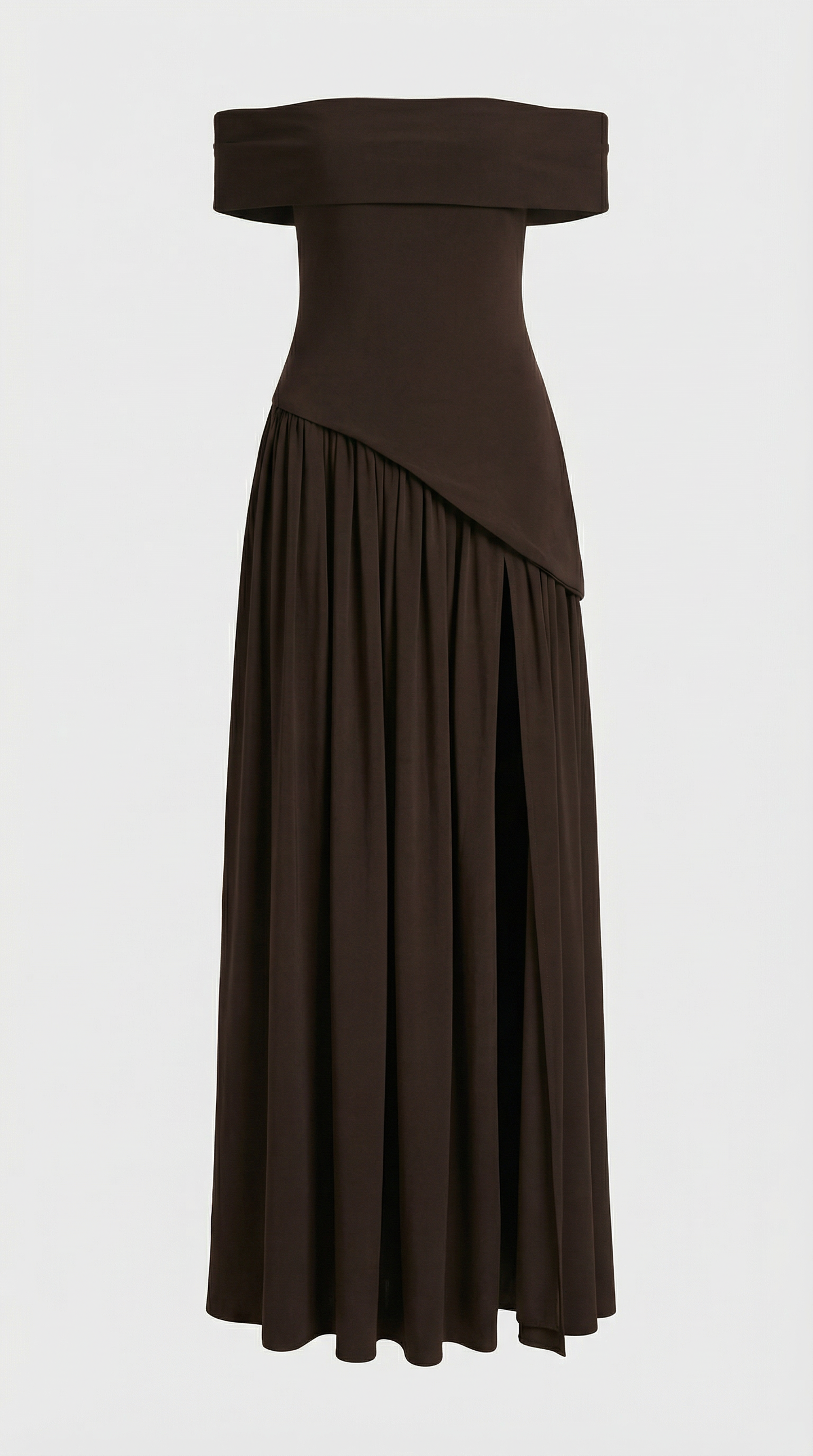 Strapless Brown Dress with Dramatic High Slit