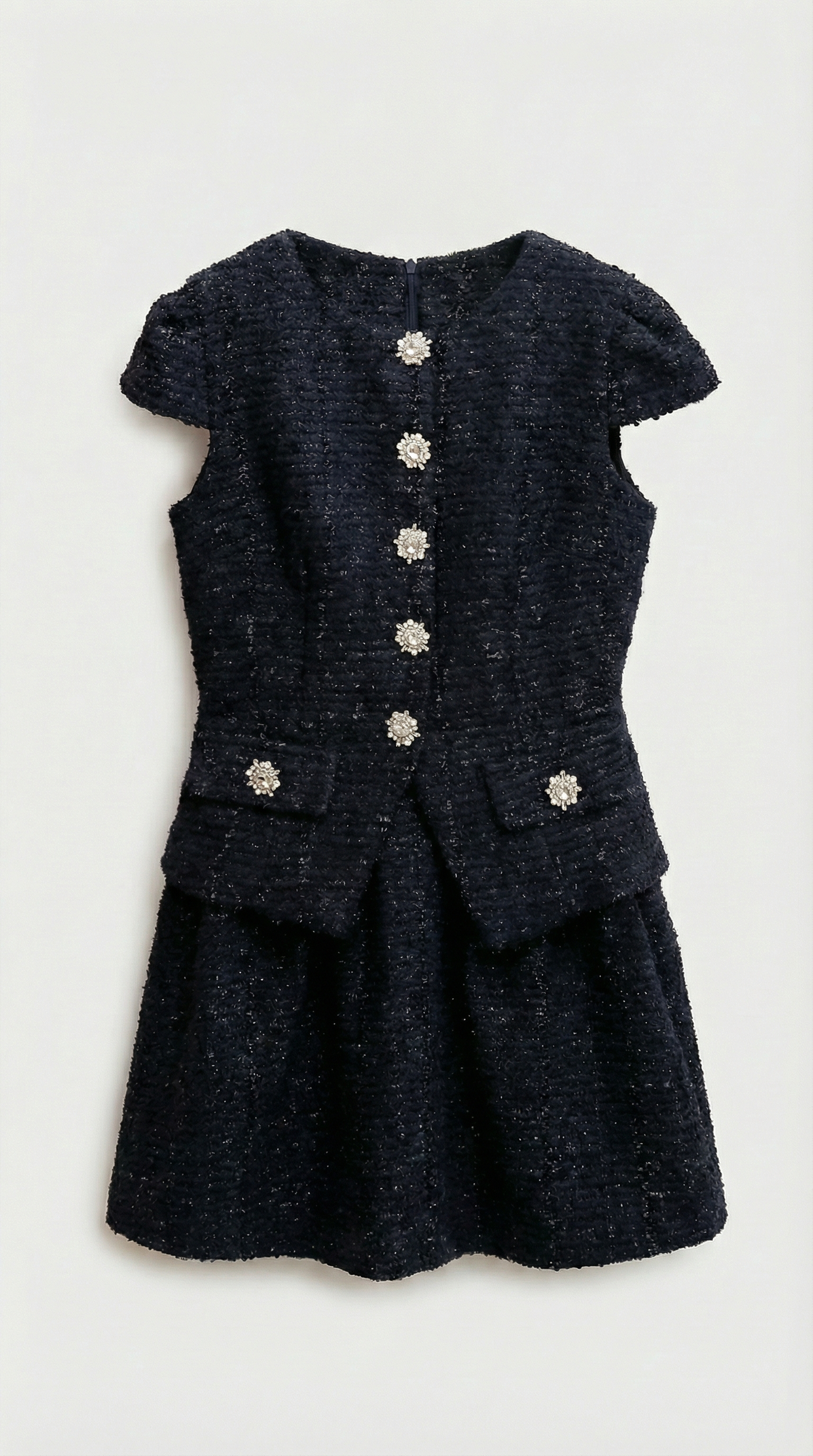 Elegant Short Tweed Dresses for Women with Diamond Jewel Buttons