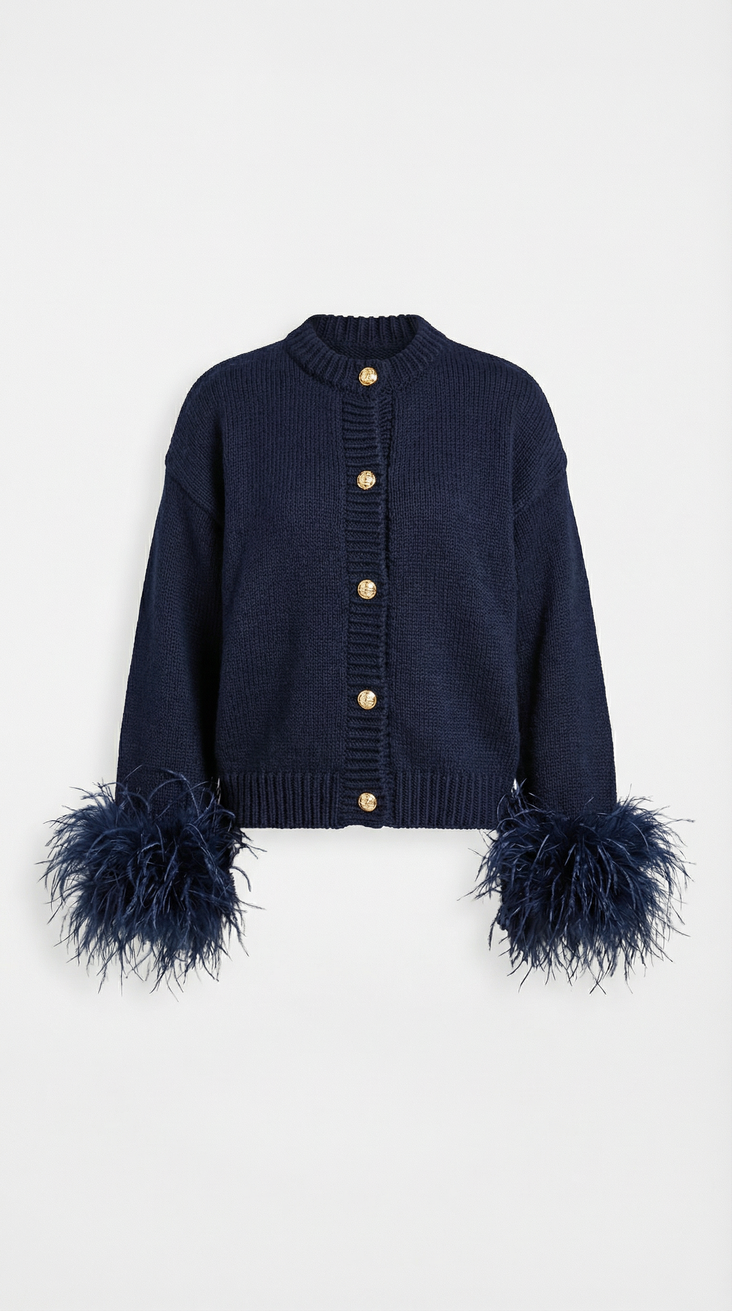 Feather-Trimmed Dark Blue Cotton Knit Cardigan