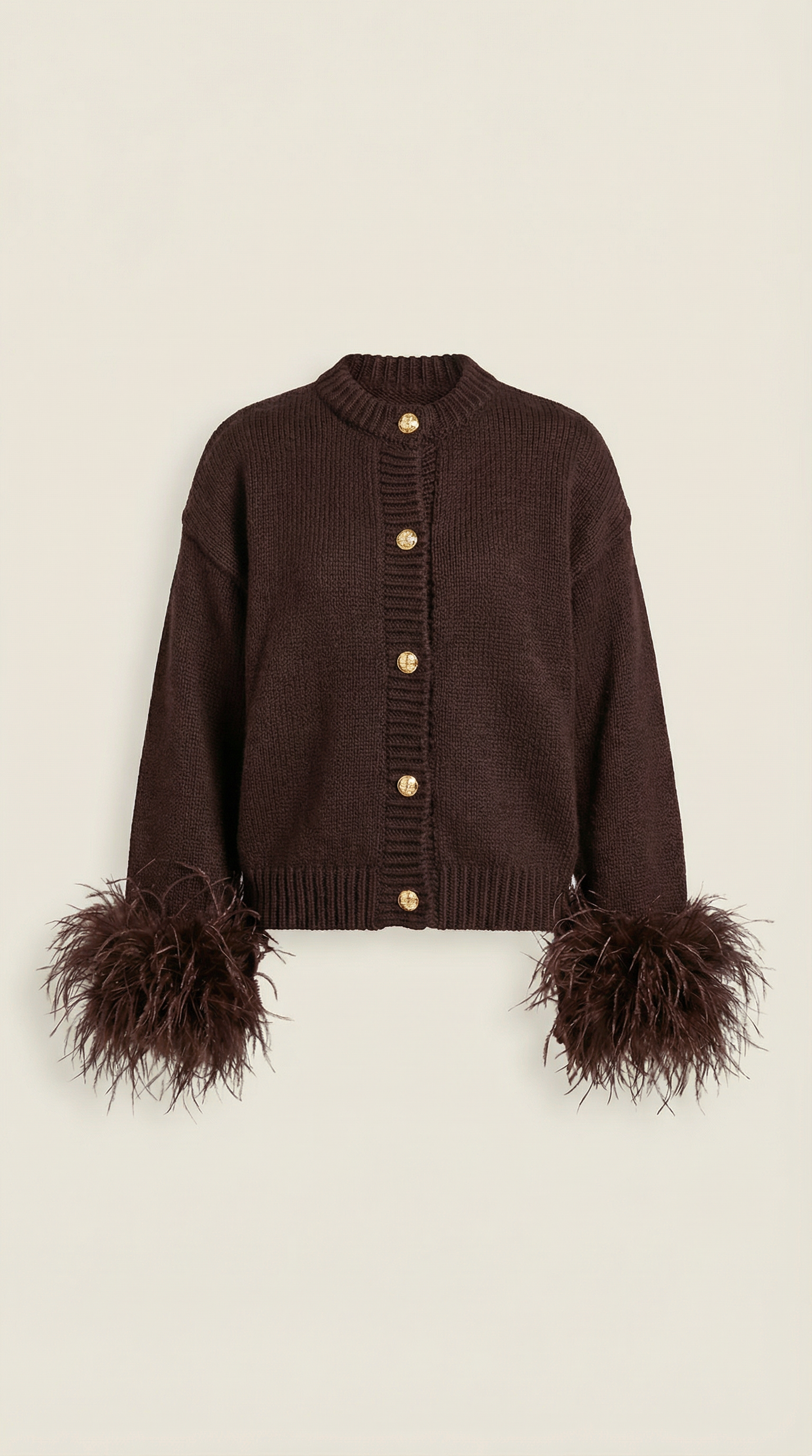 Feather-Trimmed Dark Brown Cotton Knit Cardigan