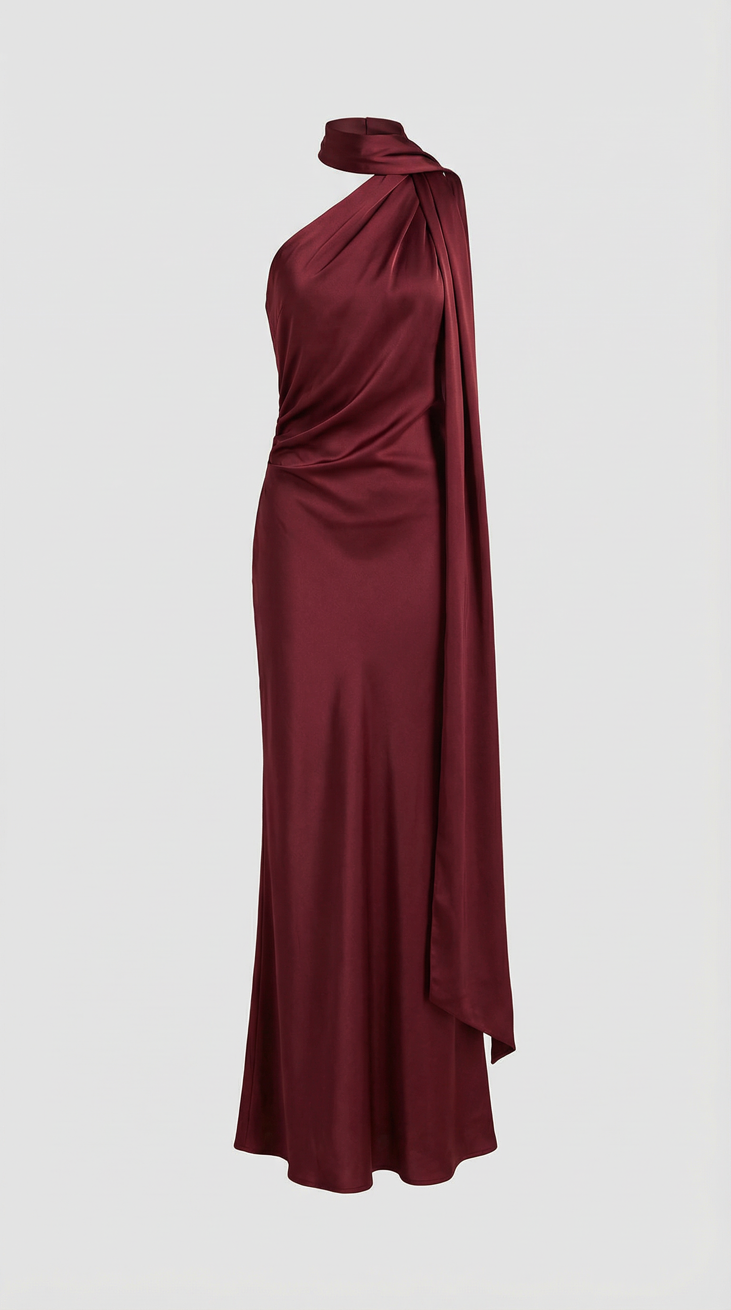 Elegant Wine Red Satin Halter Party Dress with Ribbon Detail
