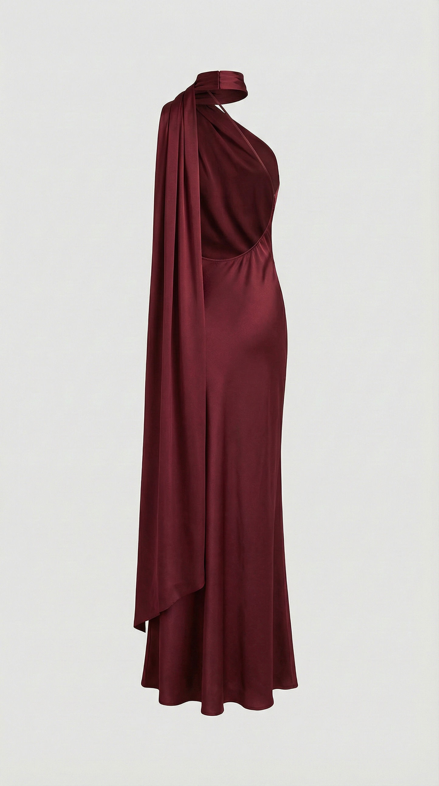 Elegant Wine Red Satin Halter Party Dress with Ribbon Detail
