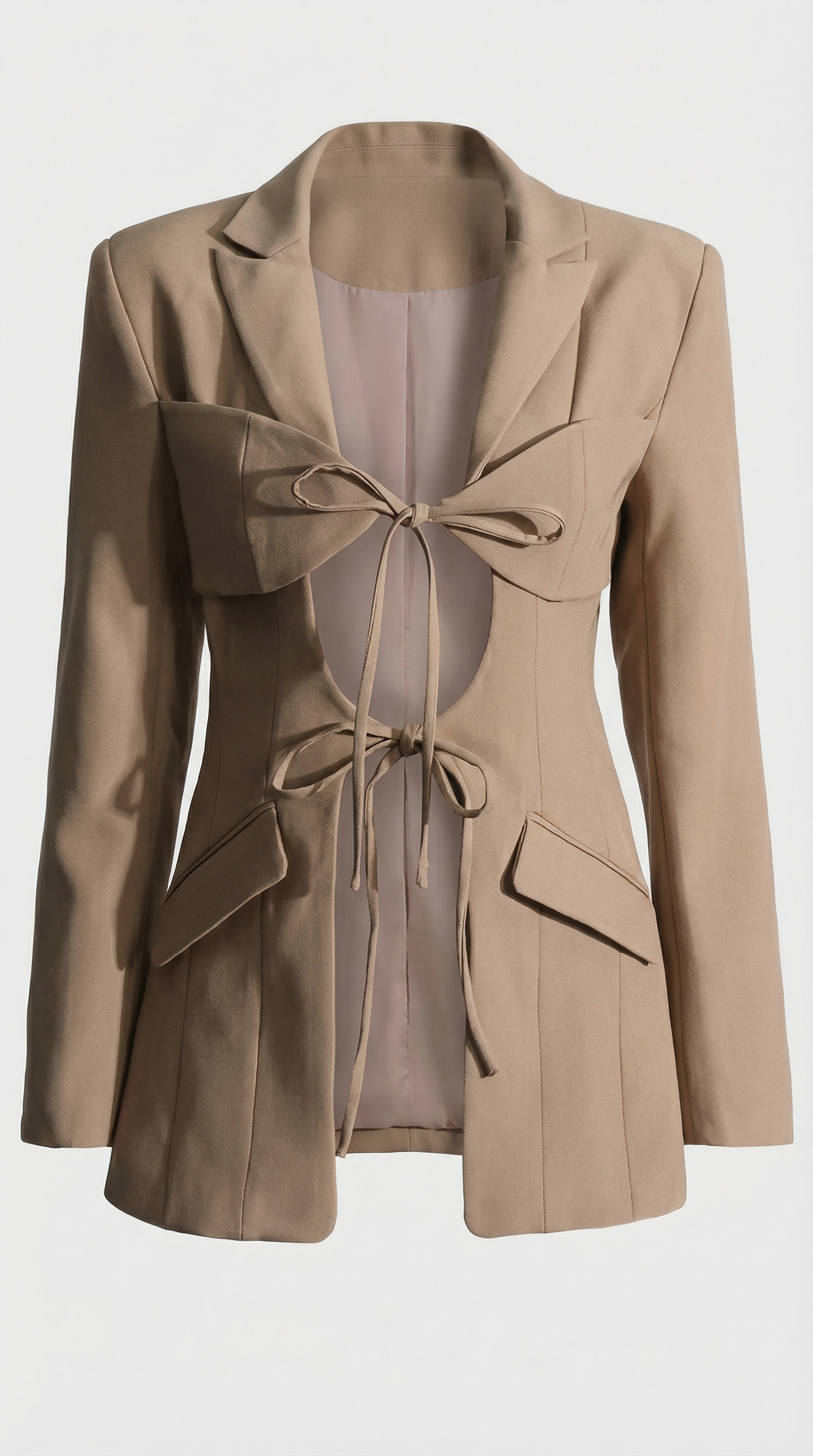 Beige Architectural Cut-Out Lace-Up Blazer Top