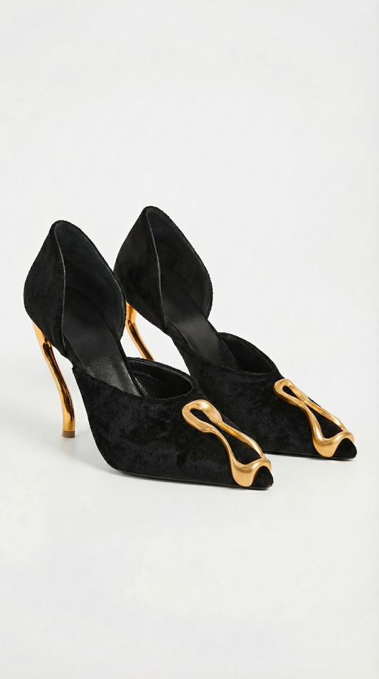 Suede Sculptural Natural Leather Heels with Metal Accents