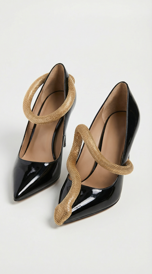 Gold Snake-Chain Patent Leather Heels