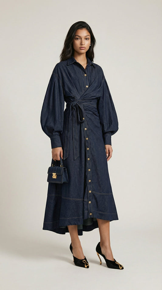 Long Sleeve Oversized Denim Dress in Navy Blue